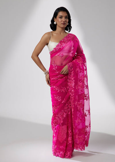 Rani Pink Organza Saree with Resham Embroidery