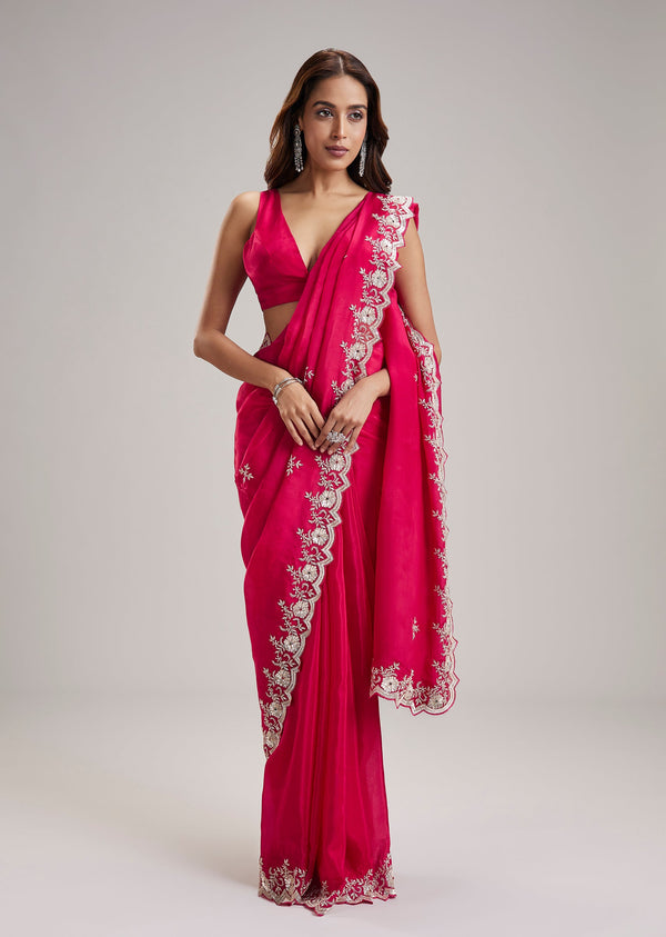Rani Pink Organza Saree With Sequin Embellished Border And Pallu