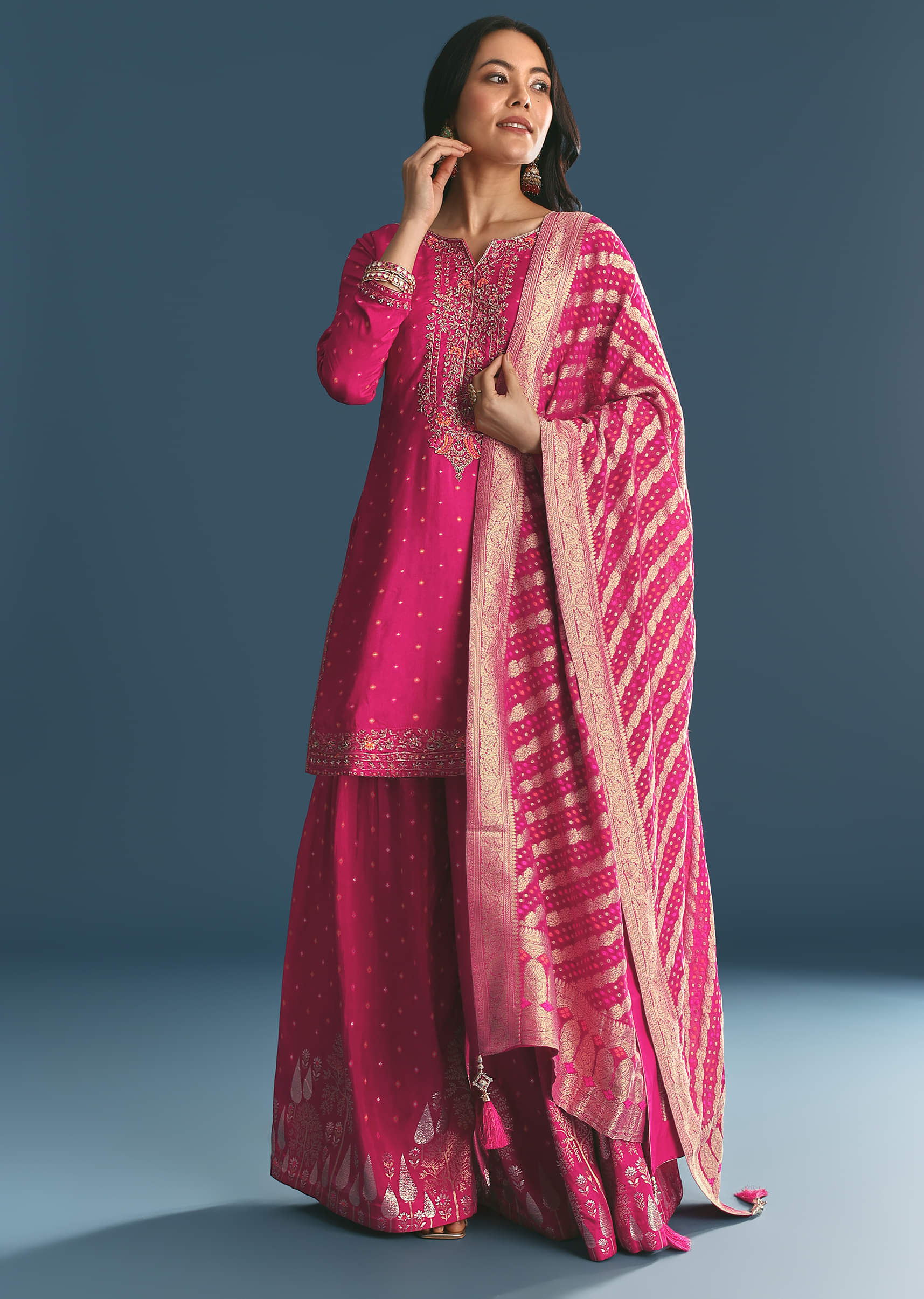 Buy Rani Pink Russian Silk Kurta Palazzo With Banarasi Dupatta | KALKI ...