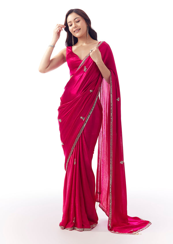 Rani Pink Satin Chinon Saree With Mirror And Bead Embroidered Border