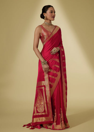 Rani Pink Satin Gold Zari Woven Saree With Paisley Pallu