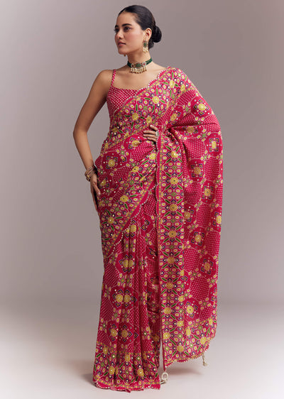 rani-pink-satin-saree-with-handwoven-ikat-print-and-mirror-work-sg354349-1