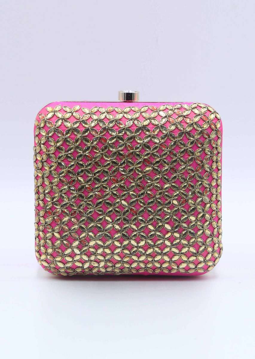 Rani pink silk hand embroidered clutch 