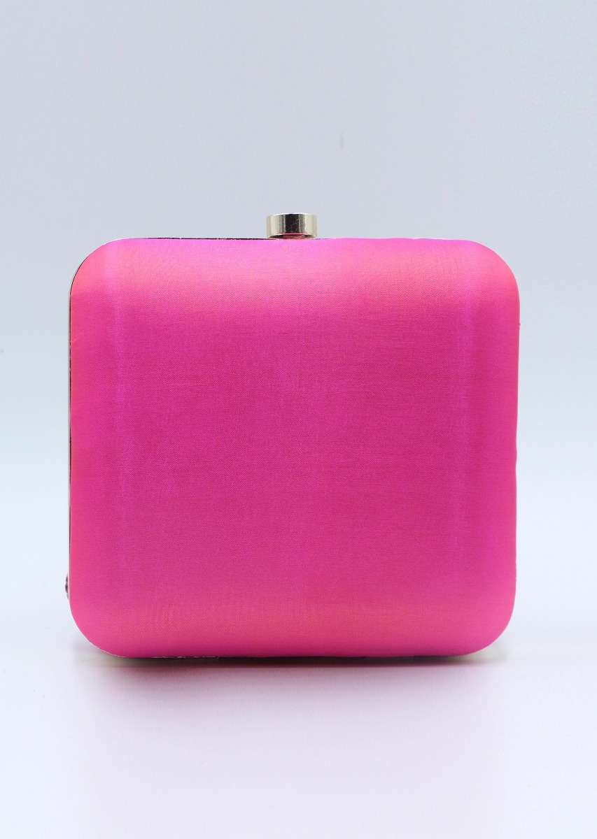 Rani pink silk hand embroidered clutch 