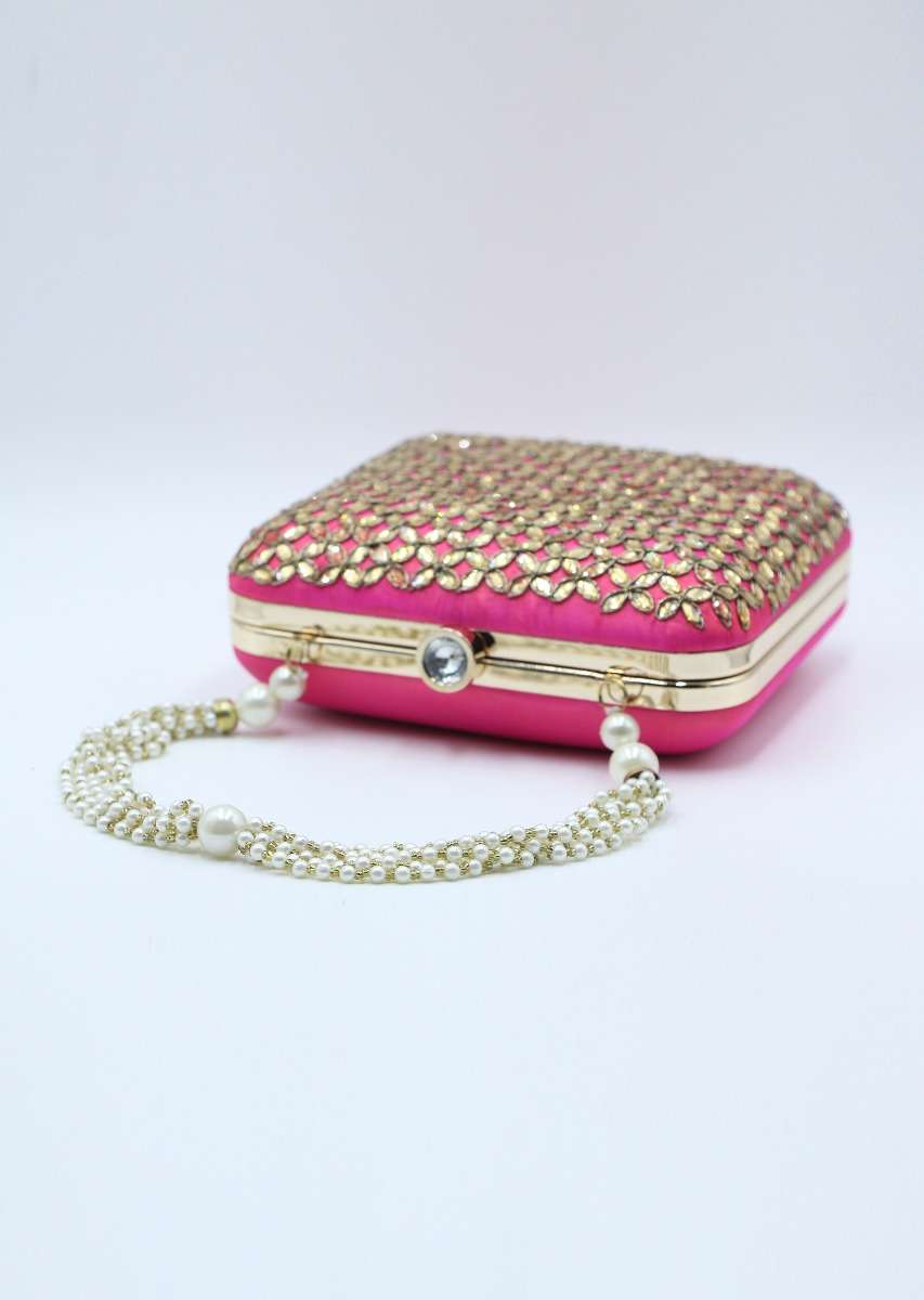 Rani pink silk hand embroidered clutch 