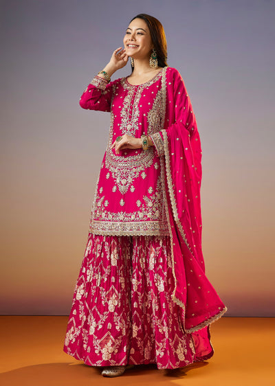 Rani Pink Zardosi Palazzo Suit With Organza Dupatta