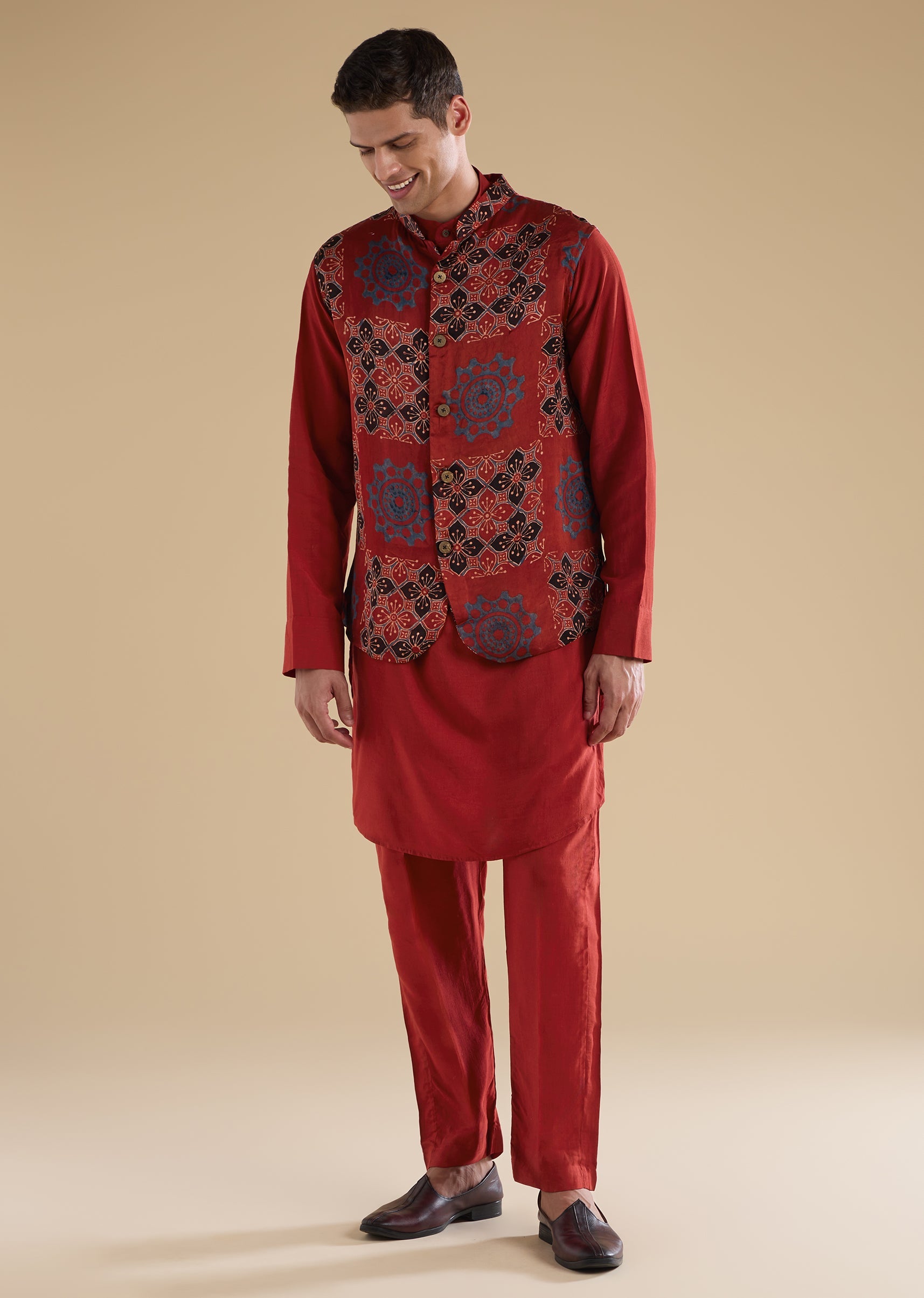 Red Ajrakh Printed Kurta Jacket Set