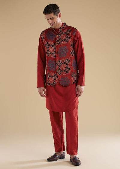 red-ajrakh-printed-kurta-jacket-set-sg349277-1 10d4bb9f-122f-4656-9d9b-132c4db0b721