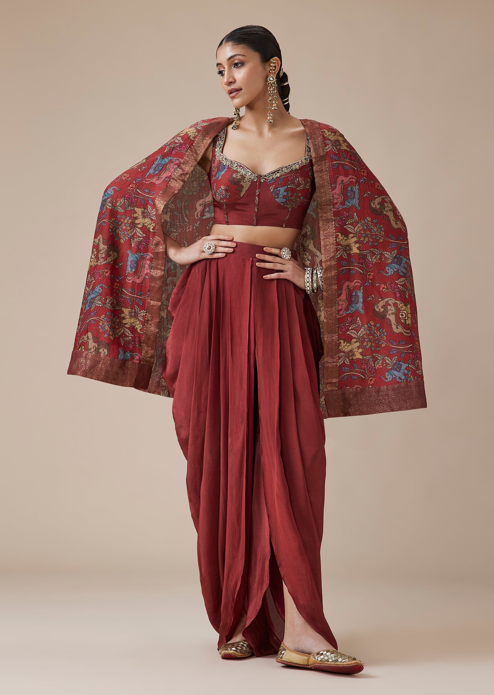 Red Banarasi Dhoti Pants And Cape Set