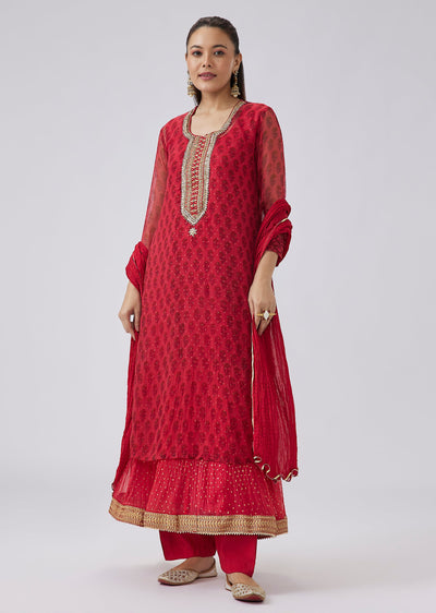 Red Block Print Embroidered Kurta With Pant