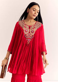 Red Chinon Flared Kurta Sharara With Thread Work