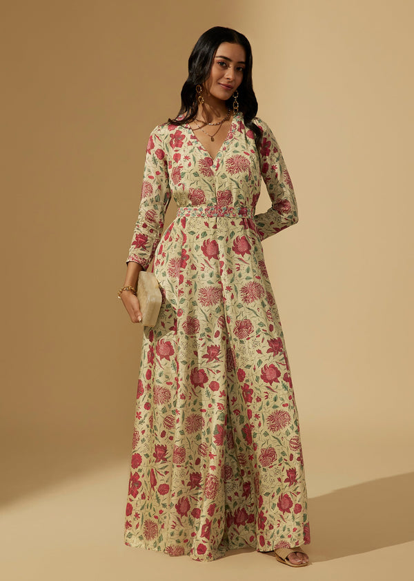 Red Chinon Floral Printed Jumpsuit With Belt