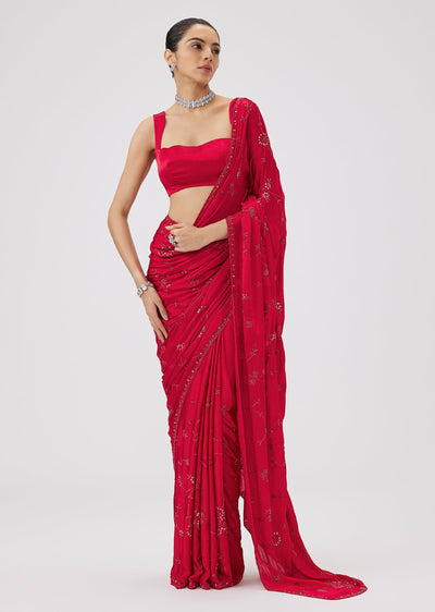 Red Chinon Saree With Cut Dana And Sequin Floral Jaal Embroidery