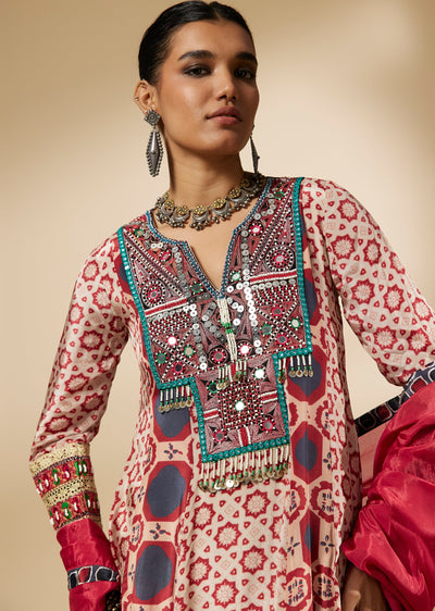 Red Cotton Printed Anarkali Suit With Embellished Yoke And Farshi Pant