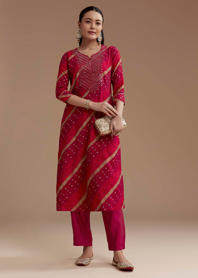 Red Cotton Silk Foil Mirror Kurta Set