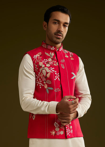 red-cotton-silk-kurta-set-with-nature-motif-jacket-sg309441-2