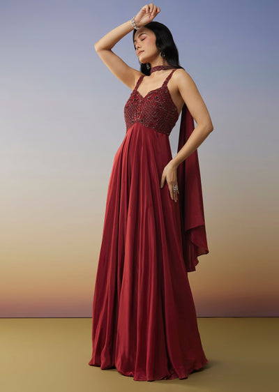 Red Crepe Jumpsuit with Cut Dana Work