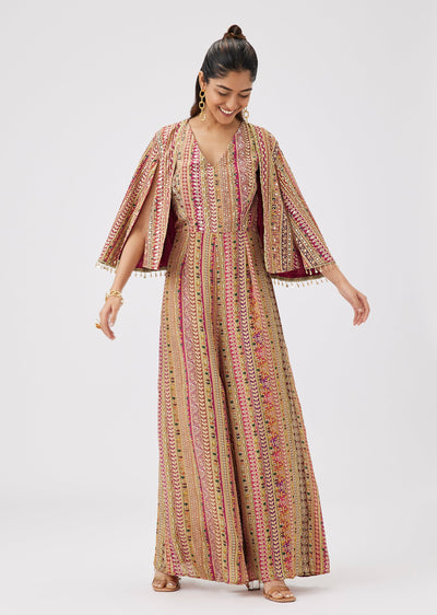 Red Crepe Printed Jumpsuit With Sequin Work And Cape Inspired Jacket