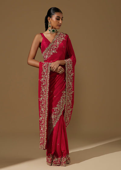 Red Crepe Saree With Heavy Zardozi Jaal Embroidery