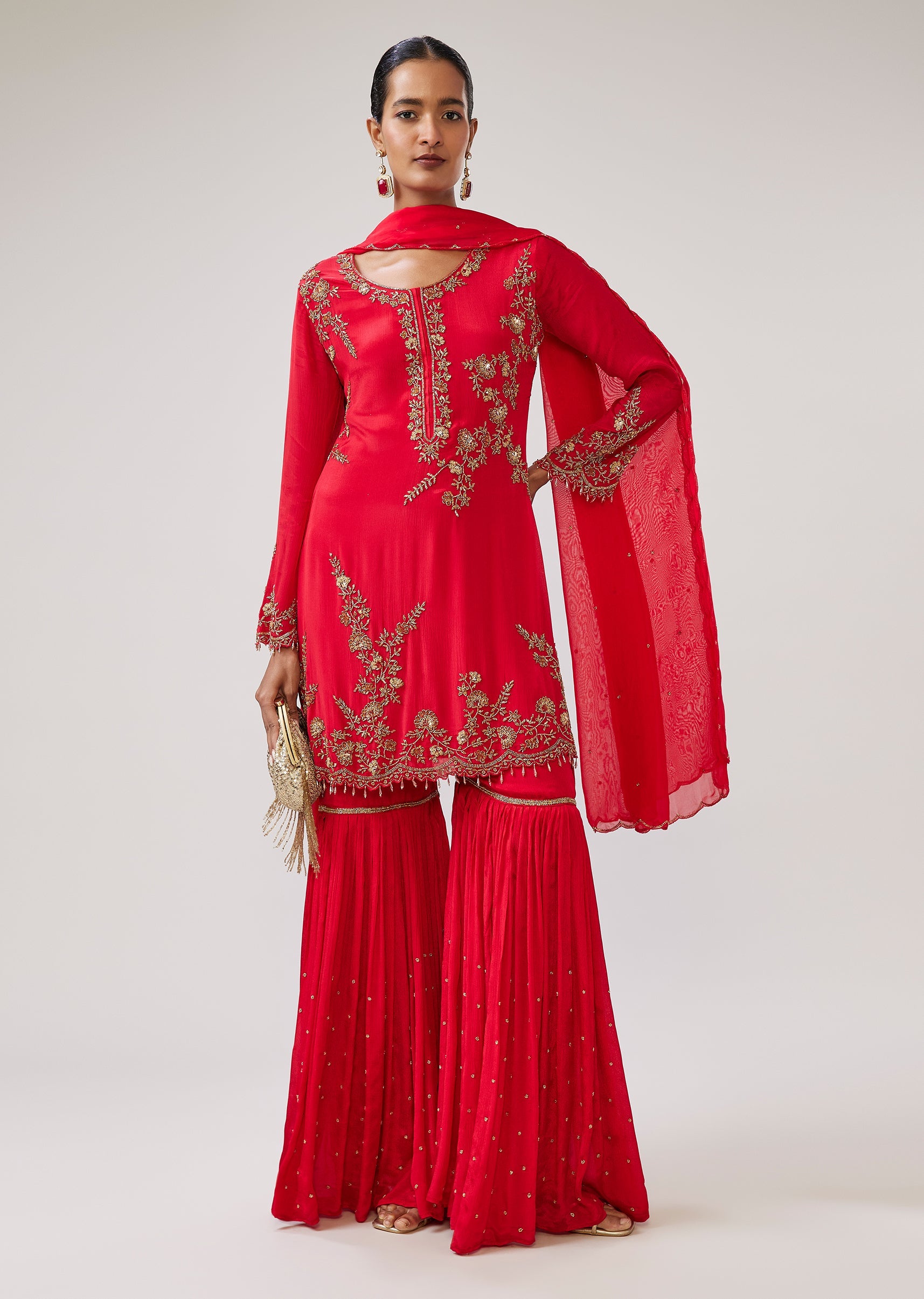 Red Cut Dana Beaded Sharara Suit With Dupatta
