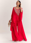 Red Dola Silk Cape Kurta Set With Embroidery