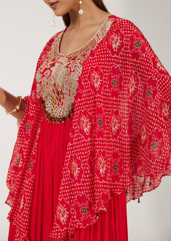 Red Dola Silk Embroidered Anarkali With Bandhani Printed Flared Sleeves