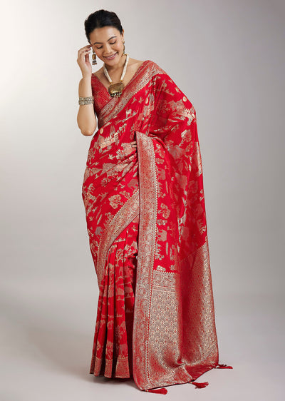 Red Dola Silk Jungla Weave Saree