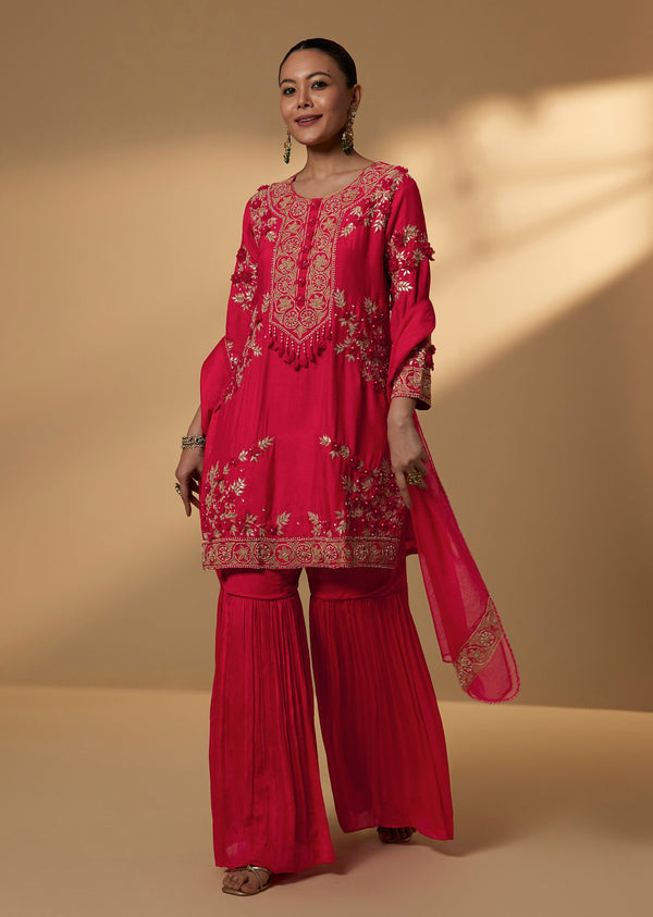 Red Dola Silk Sharara Set With Zari Moti Embroidery
