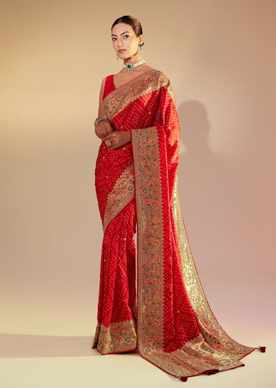 Red Dola Silk Woven Bandhani Saree With Paithani Border