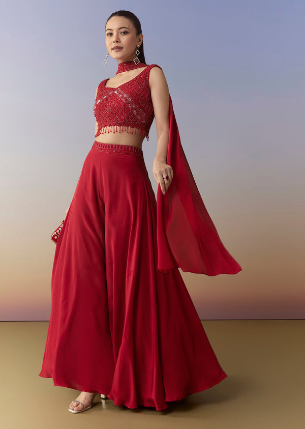 Red Embellished Indo Western Crop Top Palazzo Set