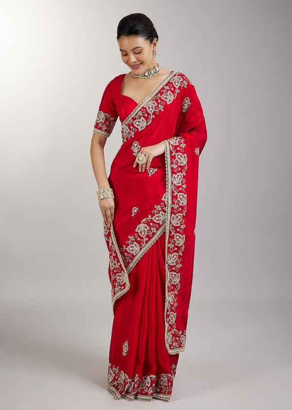 Red Embroidered Crepe Saree With Zari Border