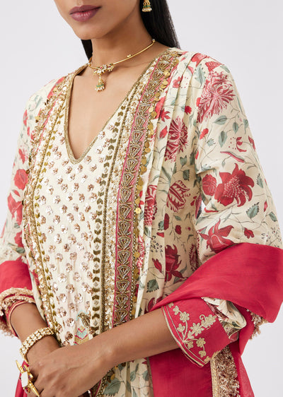 Red Floral Print Anarkali Suit Set With Cut Dana And Sequin Embroidery
