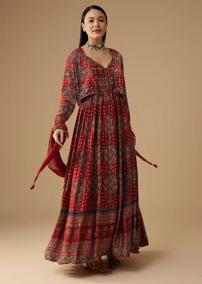 Red Hand Dyed Ajrakh Gown with Jacket and Scarf