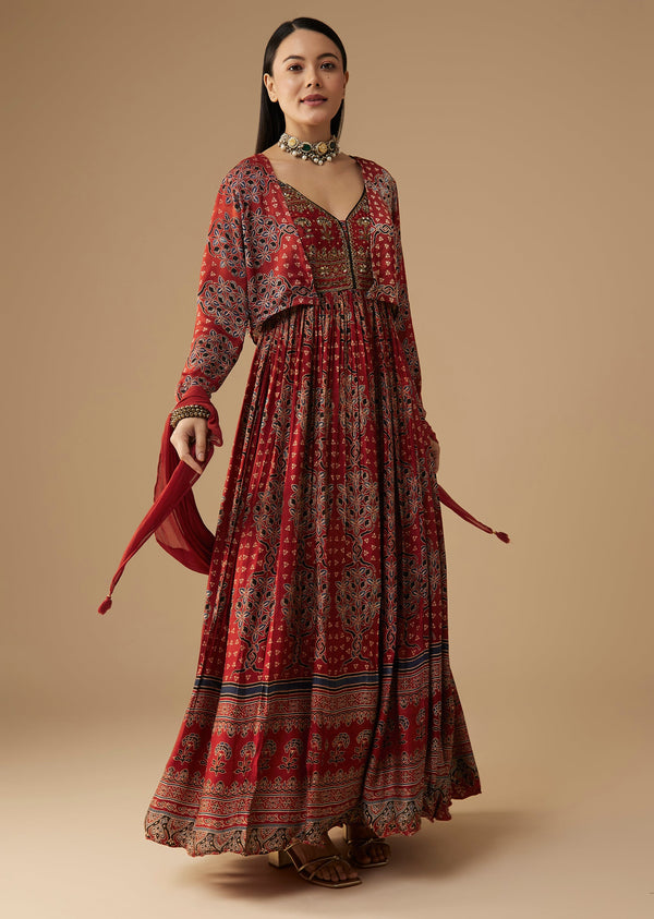 red-hand-dyed-ajrakh-gown-with-jacket-and-scarf-sg345011-1 5334c3be-ae8a-4cef-a596-f72b12f73bbe