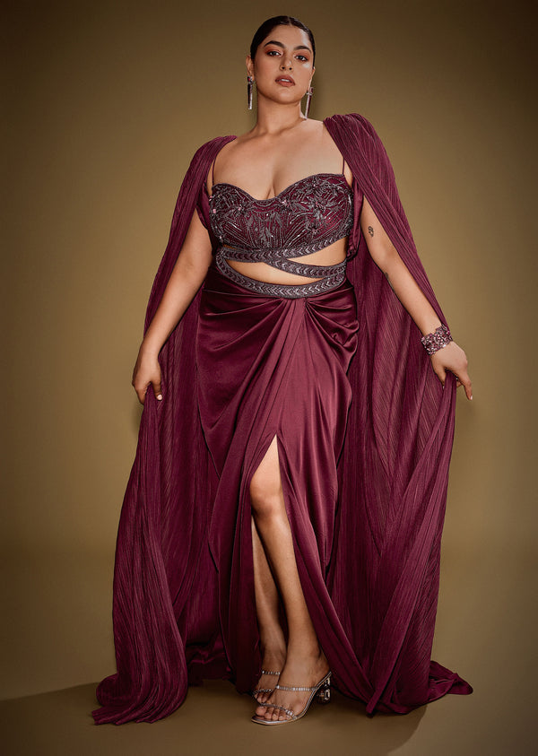 Red Hand Embroidered Blouse With Drape Skirt And Crushed Cape