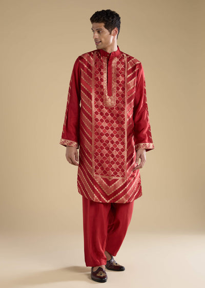 red-handwoven-jacquard-silk-mens-kurta-set-sg349517-1