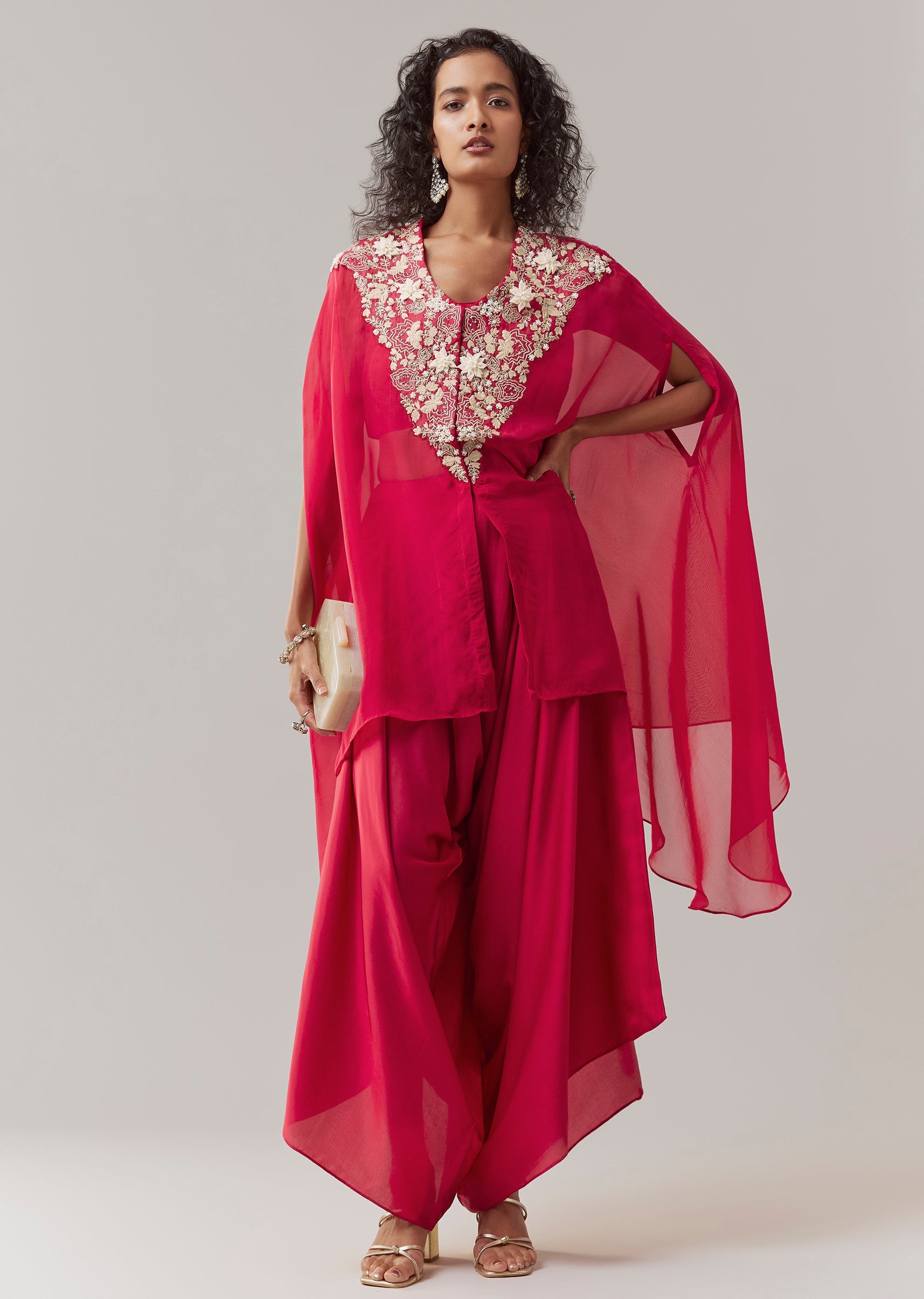 Red Indowestern Embroidered Cape Set