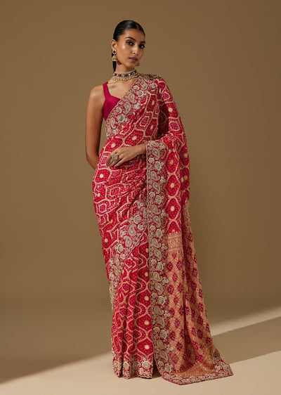 Red Khaddi Georgette Bandhani Saree With Heavy Zardozi Border