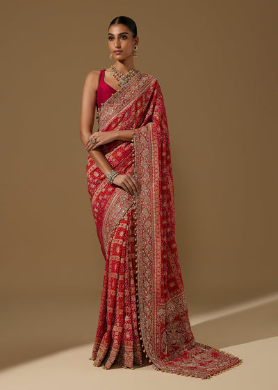 Red Khaddi Georgette Bandhani Saree With Zardozi Embroidery