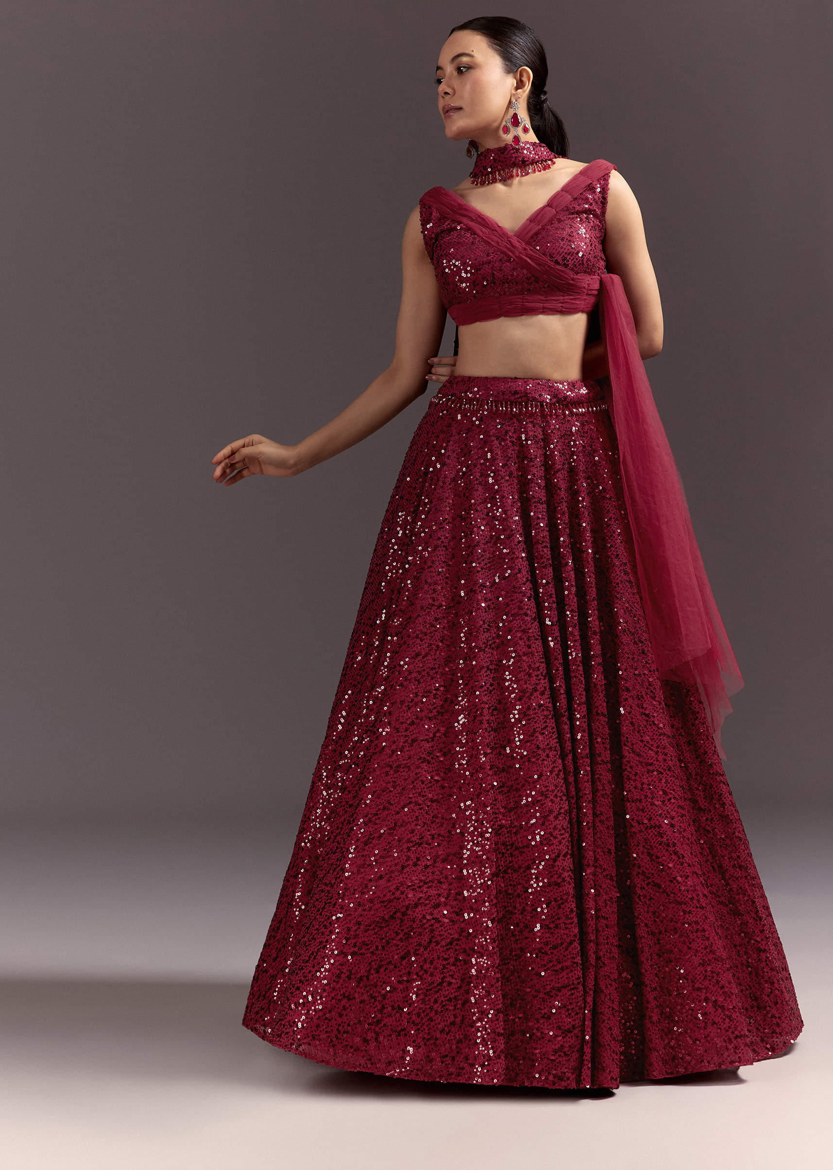 Red Lehenga Set With Embellished Dupatta And Tassels