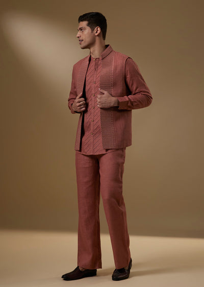 Red Linen Kurta Jacket Set With Geometric Dori Embroidery