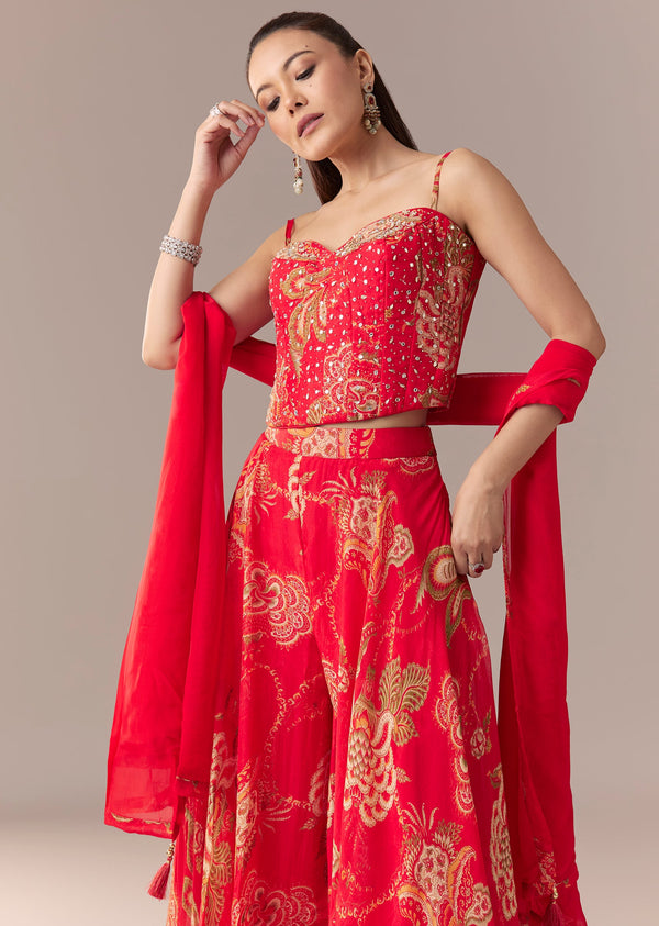 Red Mirror Work Corset Palazzo Set With Dupatta