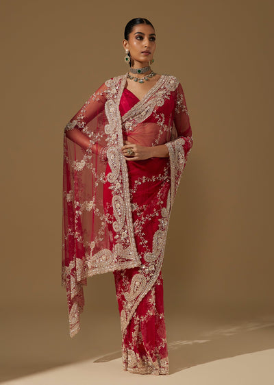 Red Net Saree with Zardozi Jaal Work and Cutdana Border