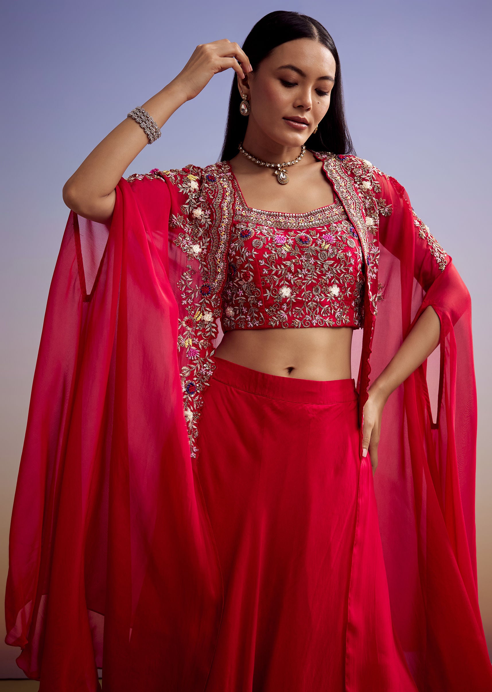 Red Organza Crop Top And Skirt Set With Embroidered Cape