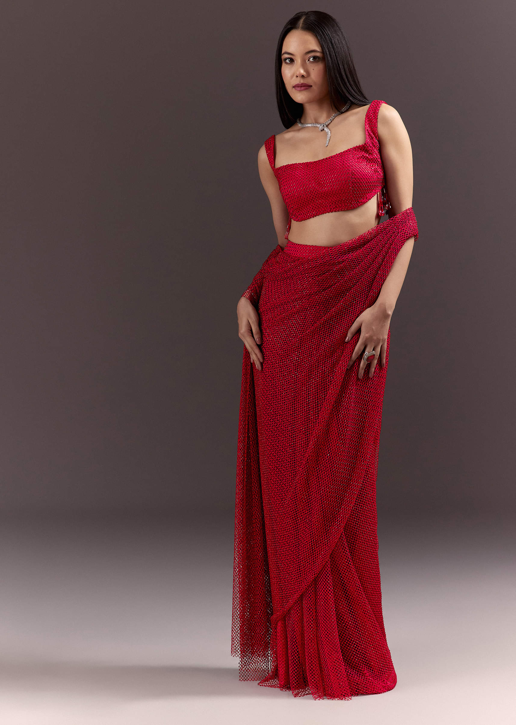 Red Pre Draped Crystal Embroidered Saree