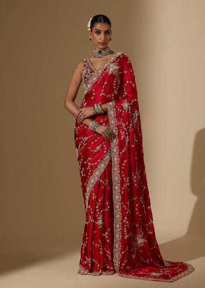 Red Pure Satin Heavy Jaal Embroidered Saree With Unstitched Blouse