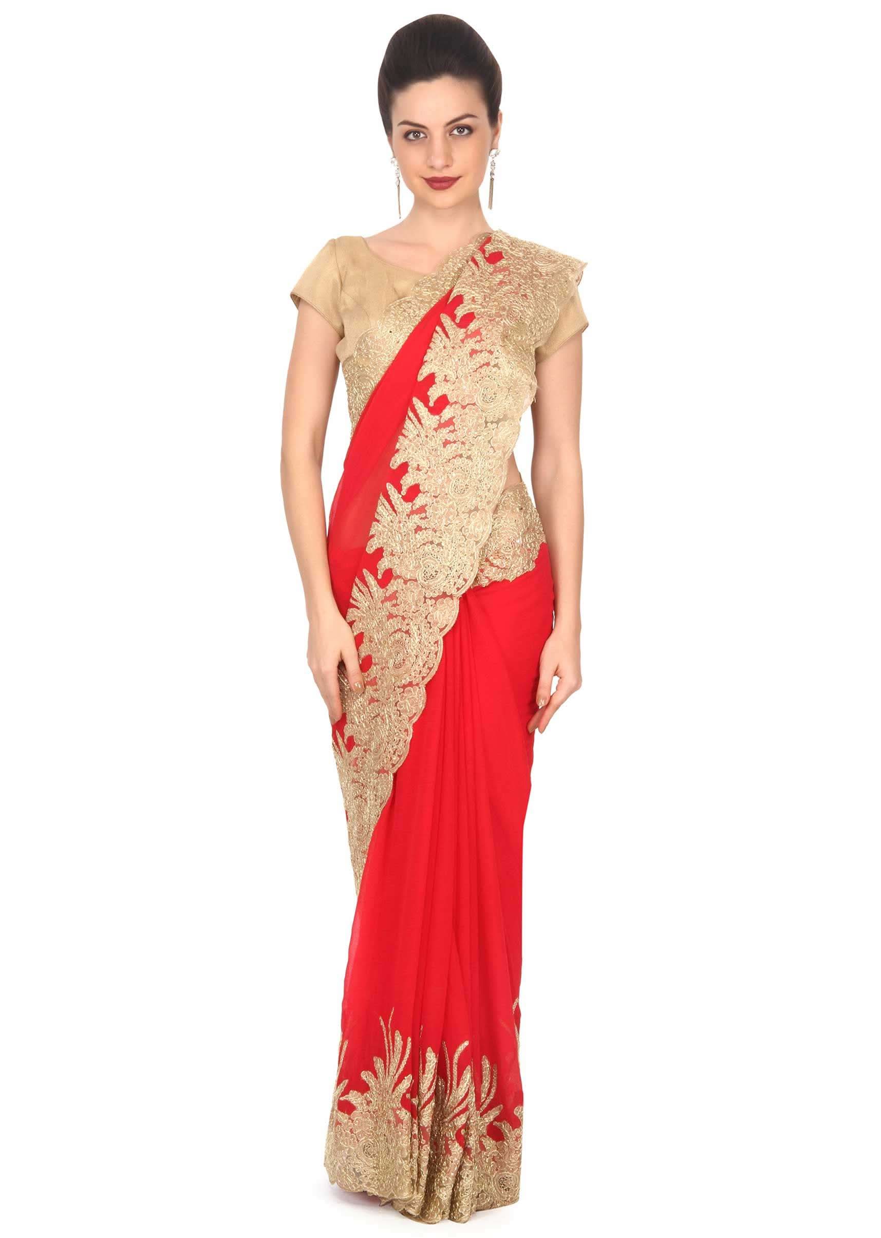 Red saree with zari and kundan embellished border only on Kalki - KALKI Fashion India