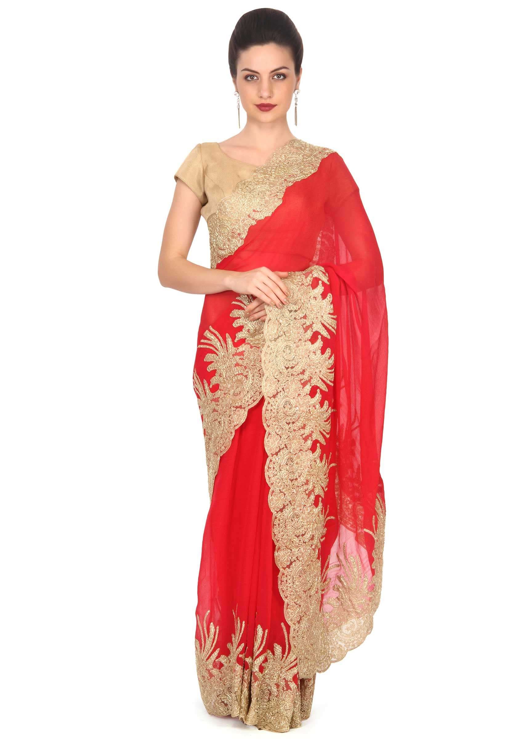 Red saree with zari and kundan embellished border only on Kalki - KALKI Fashion India