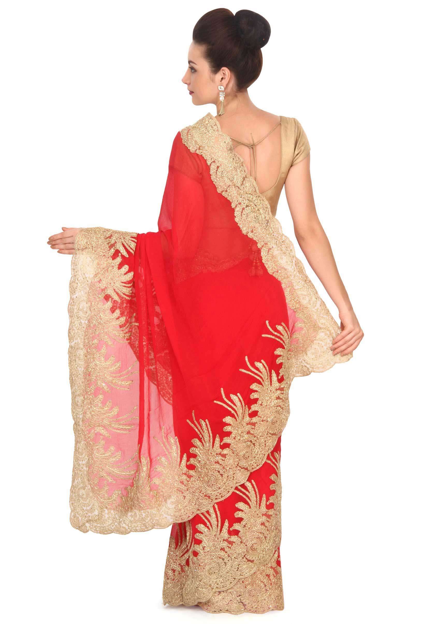 Red saree with zari and kundan embellished border only on Kalki - KALKI Fashion India