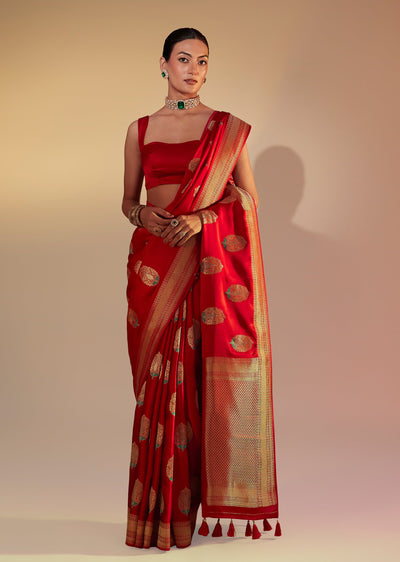 Red Satin Butti Embroidered Saree With Zari Woven Border Design
